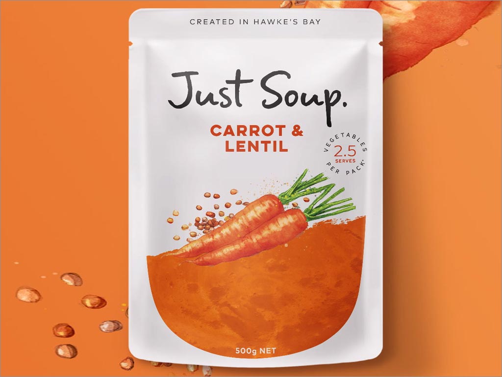 采用水彩插圖的Just Soup胡蘿卜扁豆果蔬養(yǎng)生湯包裝設計