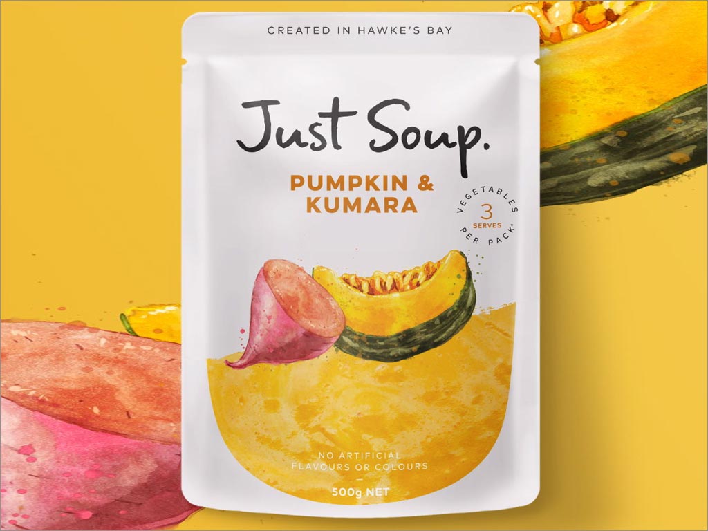 采用水彩插圖的Just Soup紅薯南瓜果蔬養(yǎng)生湯包裝設計